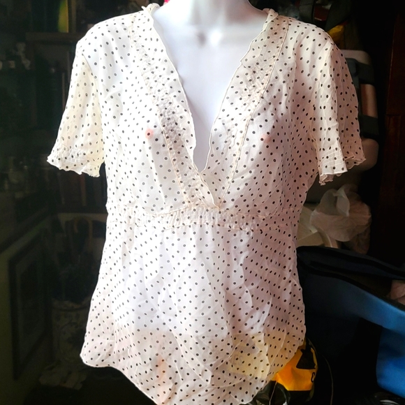 BCBGMaxAzria Tops - 100%Silk BCBG MAXAZRIA sheer cream polka-dot ruffled top sz4